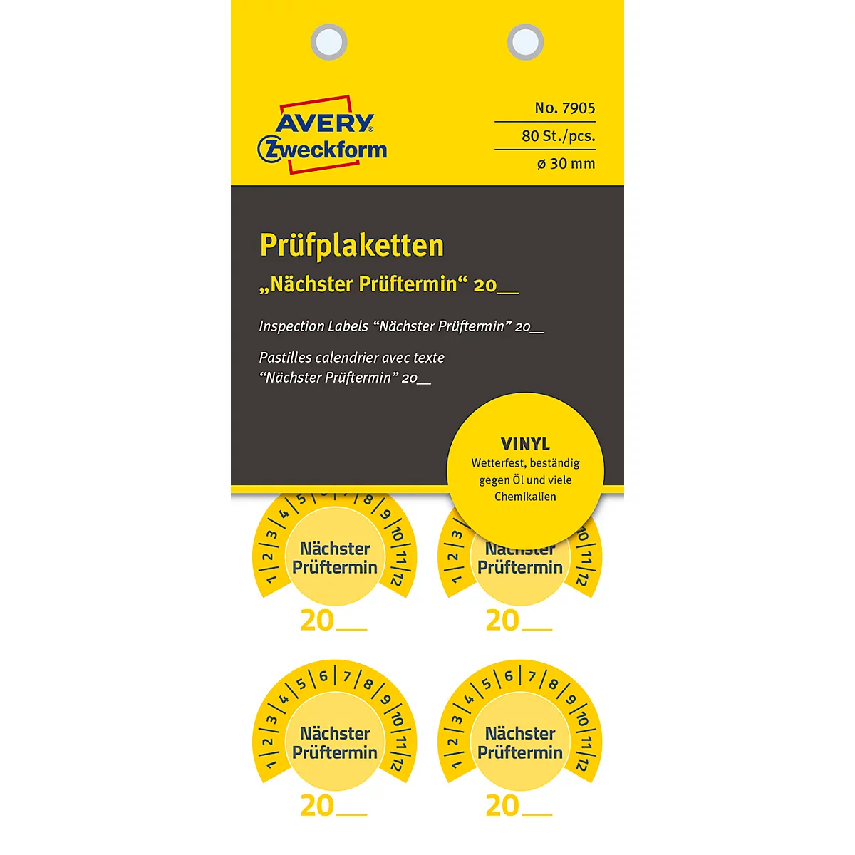 Avery Zweckform Prüfplakette 7905 „Nächster Prüftermin“ 20__zum Selbereintragen, extrem robust, Ø 30 mm, 80 Stück/10 Bogen, Vinylfolie, gelb