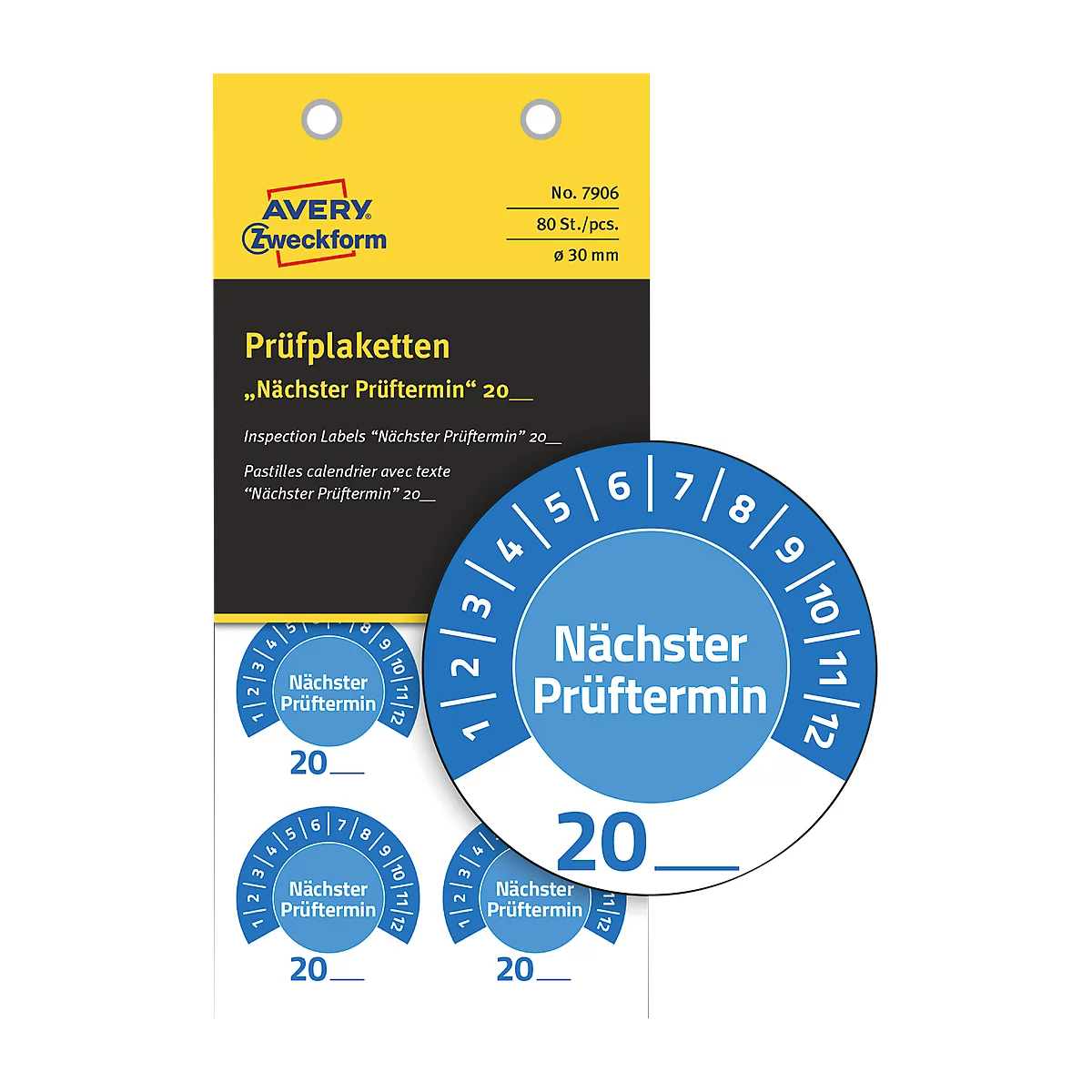 Avery Zweckform Prüfplakette 7906 „Nächster Prüftermin“ 20__zum Selbereintragen, extrem robust, Ø 30 mm, 80 Stück/10 Bogen, Vinylfolie, blau