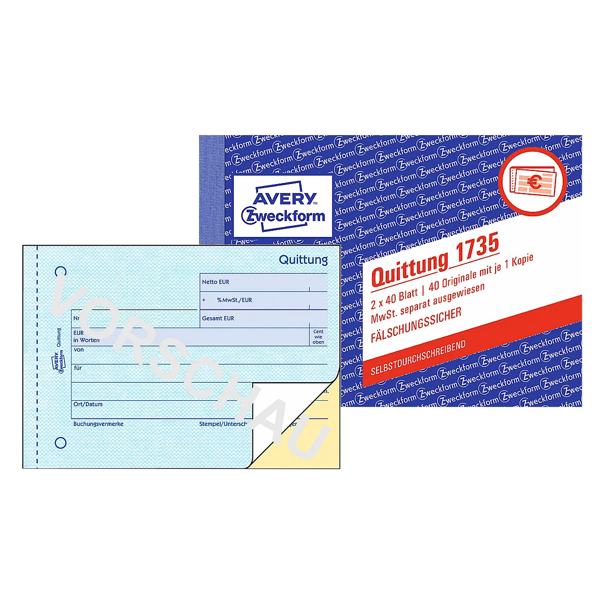 Avery Zweckform Quittungsblock 1735-5, A6 quer, 2 x 40 Blatt, 4er Pack + 1 gratis
