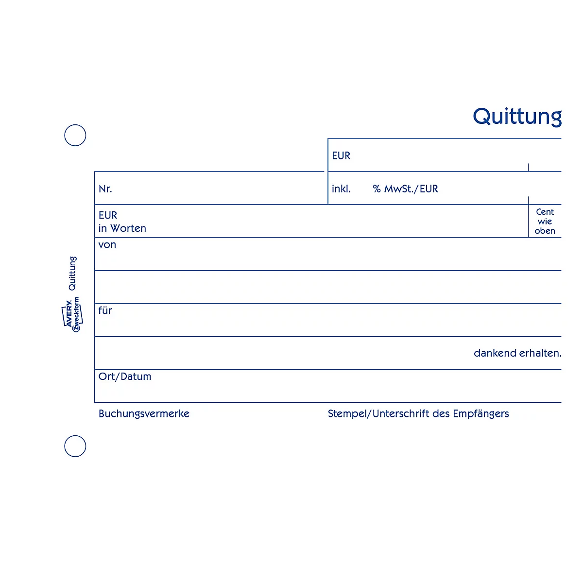 Avery® Zweckform Quittungsbuch 1255, Querformat A6, inkl. Mehrwertsteuer, mit 1 Blatt Blaupapier, perforiert & gelocht, Blauer Engel, weiß, 100 Blatt