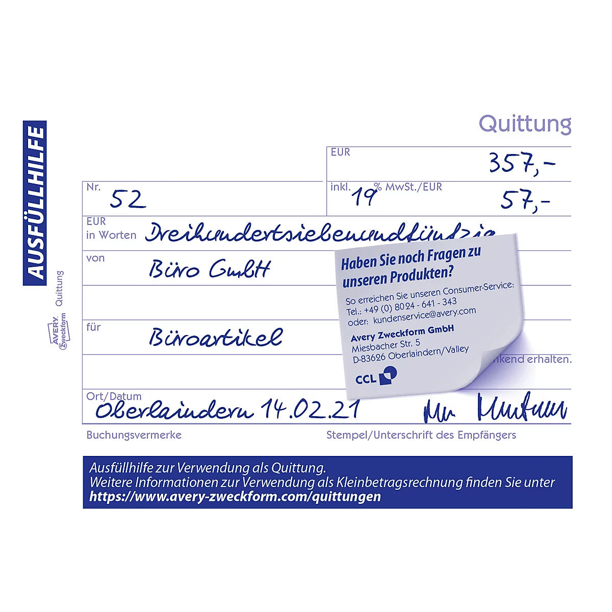 Avery® Zweckform Quittungsbuch 1255, Querformat A6, inkl. Mehrwertsteuer, mit 1 Blatt Blaupapier, perforiert & gelocht, Blauer Engel, weiß, 100 Blatt
