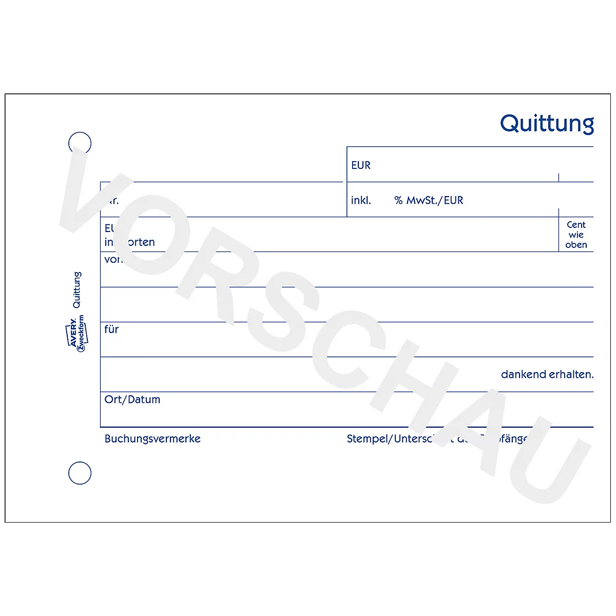 Avery® Zweckform Quittungsbuch 1255, Querformat A6, inkl. Mehrwertsteuer, mit 1 Blatt Blaupapier, perforiert & gelocht, Blauer Engel, weiß, 100 Blatt