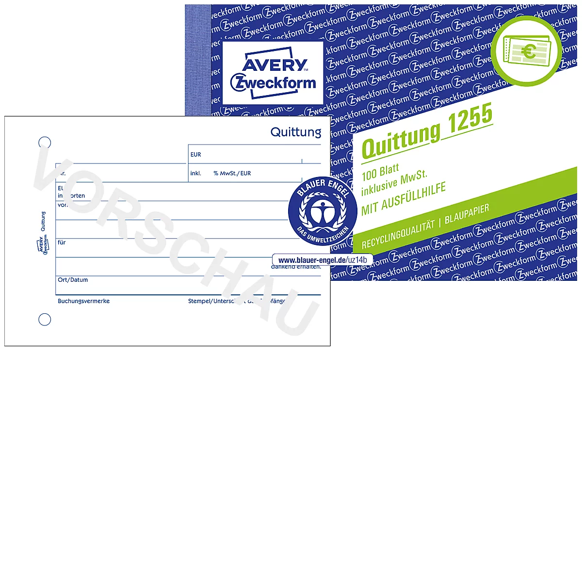 Avery® Zweckform Quittungsbuch 1255, Querformat A6, inkl. Mehrwertsteuer, mit 1 Blatt Blaupapier, perforiert & gelocht, Blauer Engel, weiß, 100 Blatt
