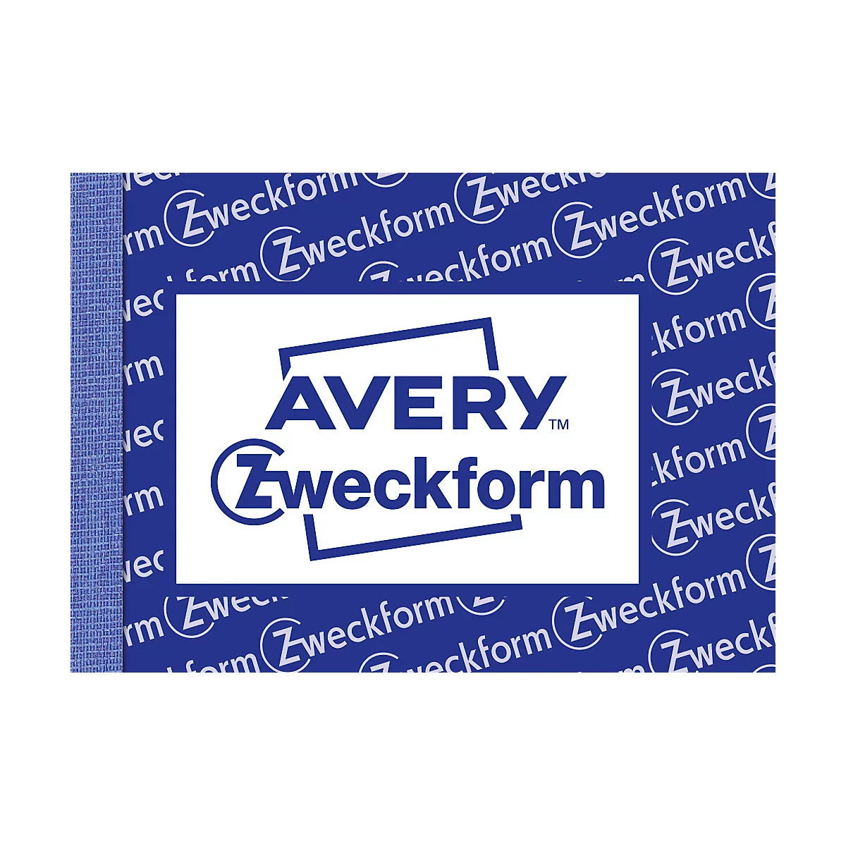 Avery Zweckform logo: White lettering on a blue background. The logo shows the word Avery in blue lettering, with Zweckform underneath in blue.