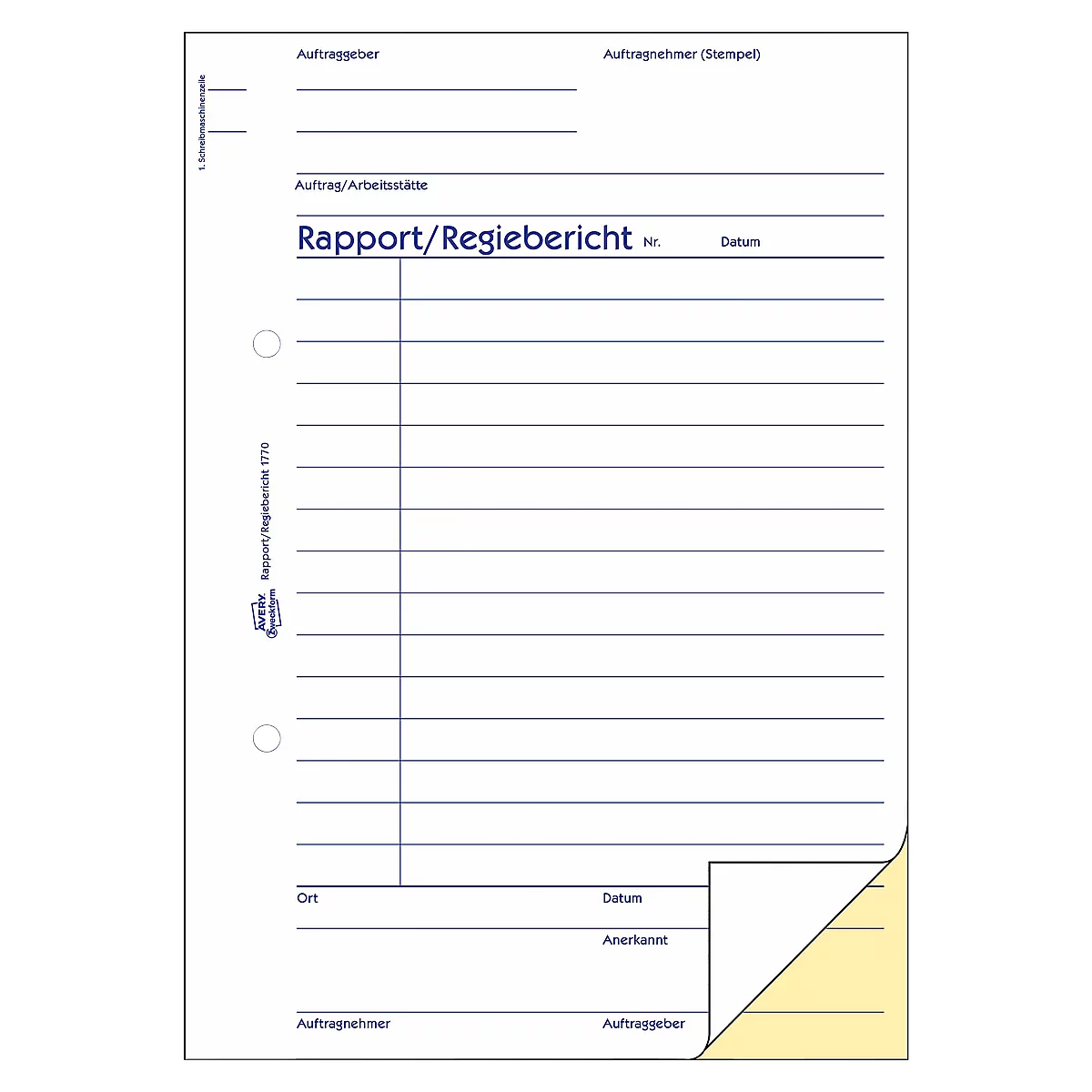 A white sheet with blue lined sections, headings and the title "Rapport/Regiebericht". The bottom right corner is bent.