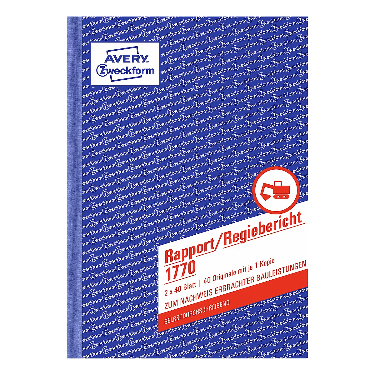 A blue and white notebook with text in German. The "Avery Zweckform" logo is at the top left. On a red banner it says "Rapport/Regiebericht 1770".