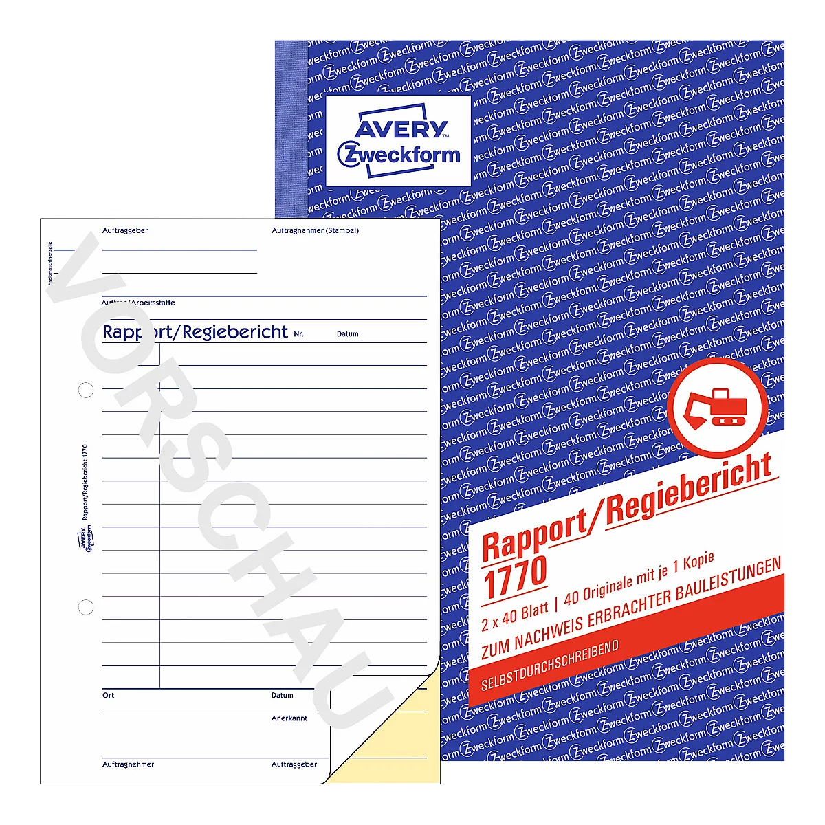 A notepad with the print "Rapport/Regiebericht" by Avery Zweckform. In the foreground is an open sheet.