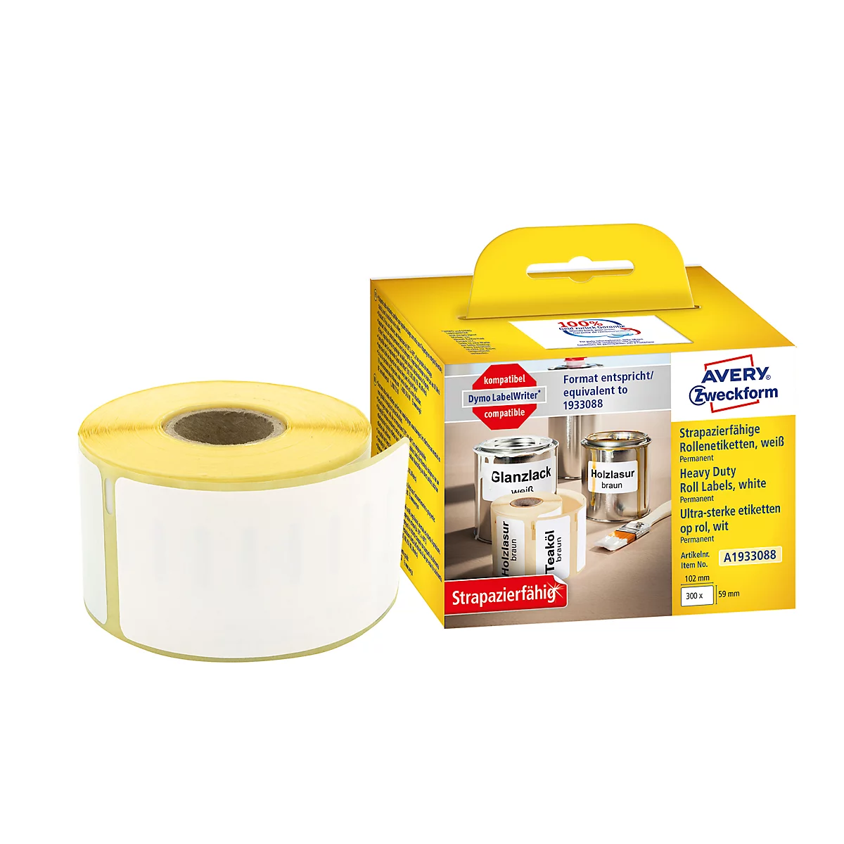 Avery® Zweckform Rollenetiketten, kompatibel mit DYMO® LabelWriter™ Serie 300/400/450/4XL/Wireless, permanenthaftend, B 102 x H 59 mm, weiß, 300 Stück