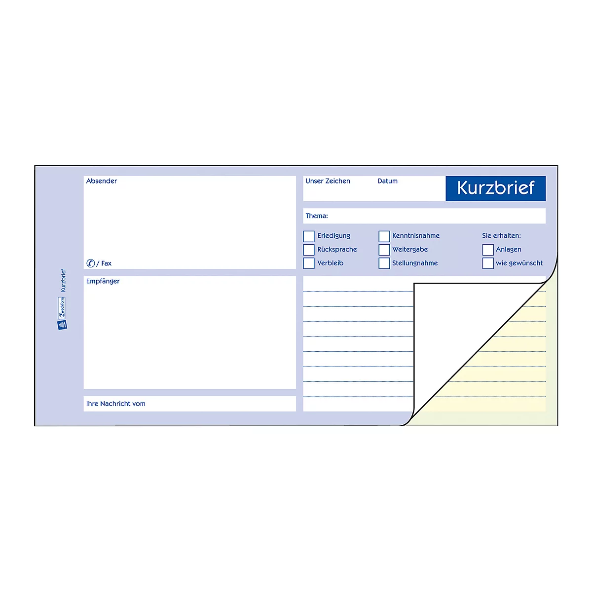 Blue and white short letter form. Text fields for sender, recipient and subject, as well as checkboxes for various options.