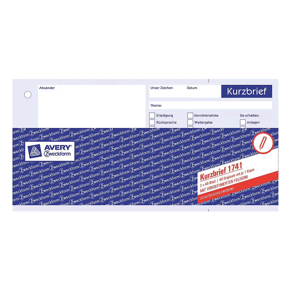 A stationery with a blue background and prints of 'Zweckform' and 'AVERY Zweckform'. At the top is 'Kurzbrief' in blue.
