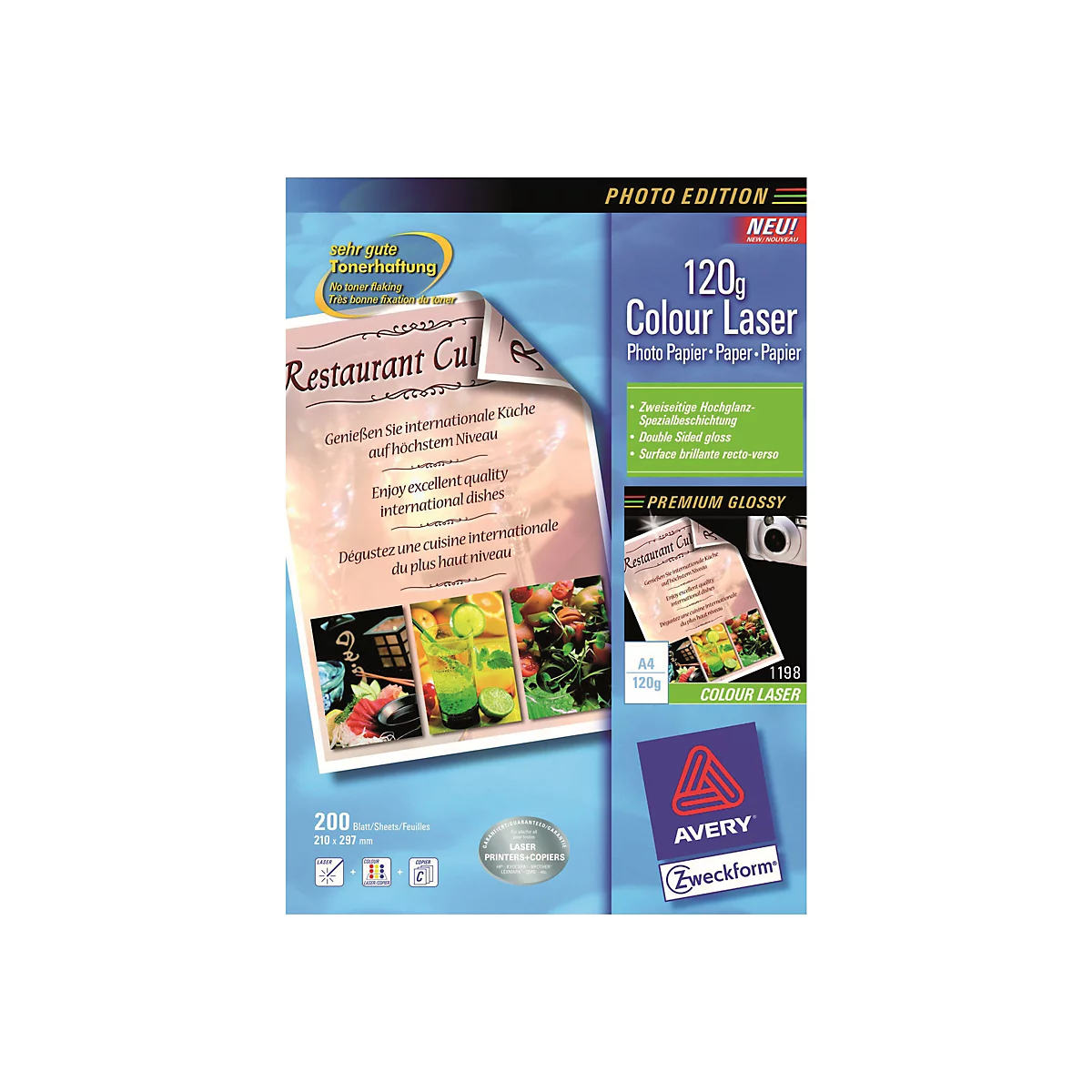 Verpackung von Avery Zweckform 120g Colour Laser Fotopapier mit Restaurant-Menü-Motiv auf der Vorderseite.