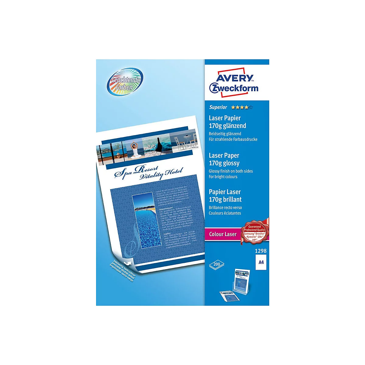 Verpackung von Avery Zweckform Laserpapier, 170g glänzend, A4 Format, mit beispielhaftem Ausdruck eines Hotel-Flyers.