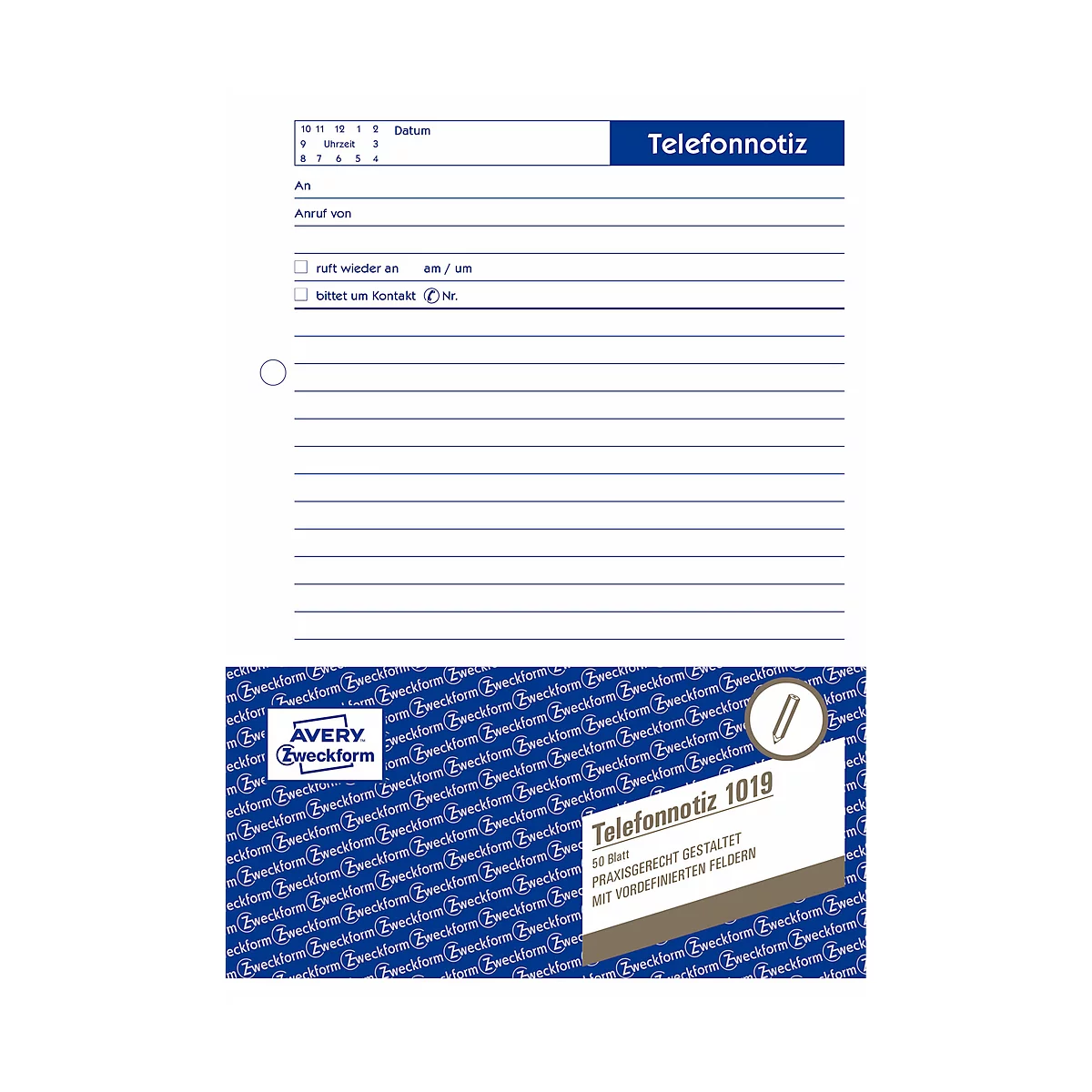 Avery Zweckform Telefonnotiz Nr. 1019, fälschungssicher, kopfverleimt, mikroperforiert, weiß