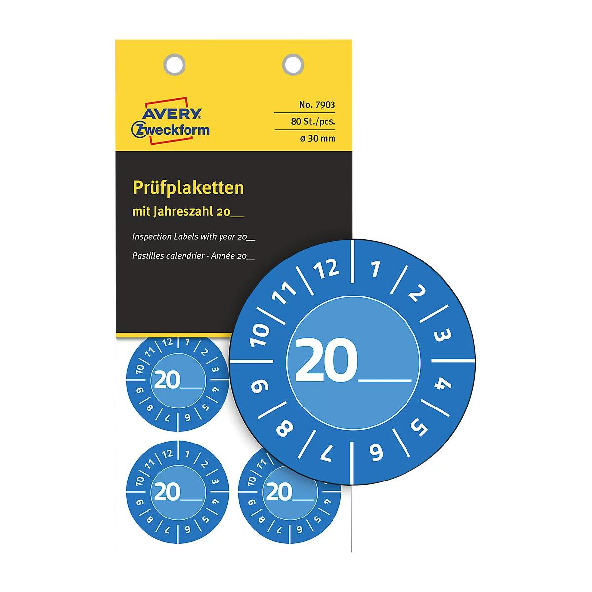 Avery Zweckform testbadges met jaartal 20xx, Ø 30 mm, PVC-folie op papier, blauw
