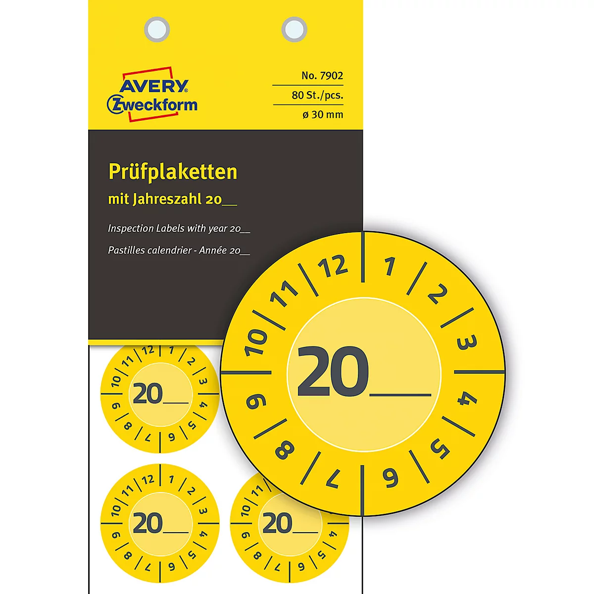 Avery Zweckform testbadges met jaartal 20xx, Ø 30 mm, PVC-folie op papier, geel