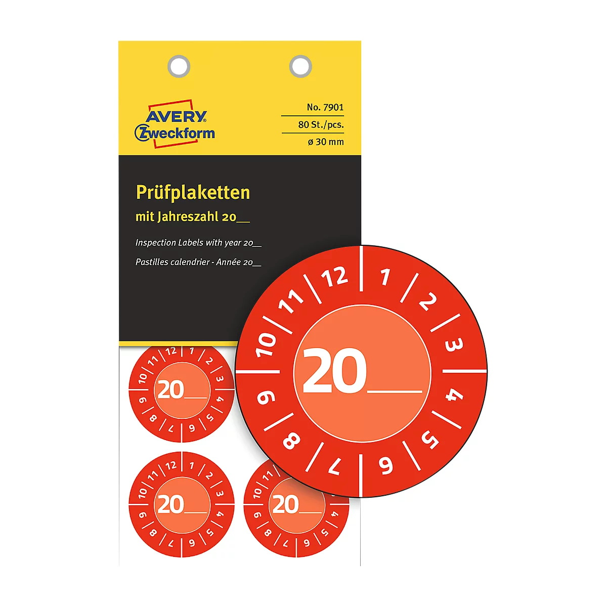 Avery Zweckform testbadges met jaartal 20xx, Ø 30 mm, PVC-folie op papier, rood