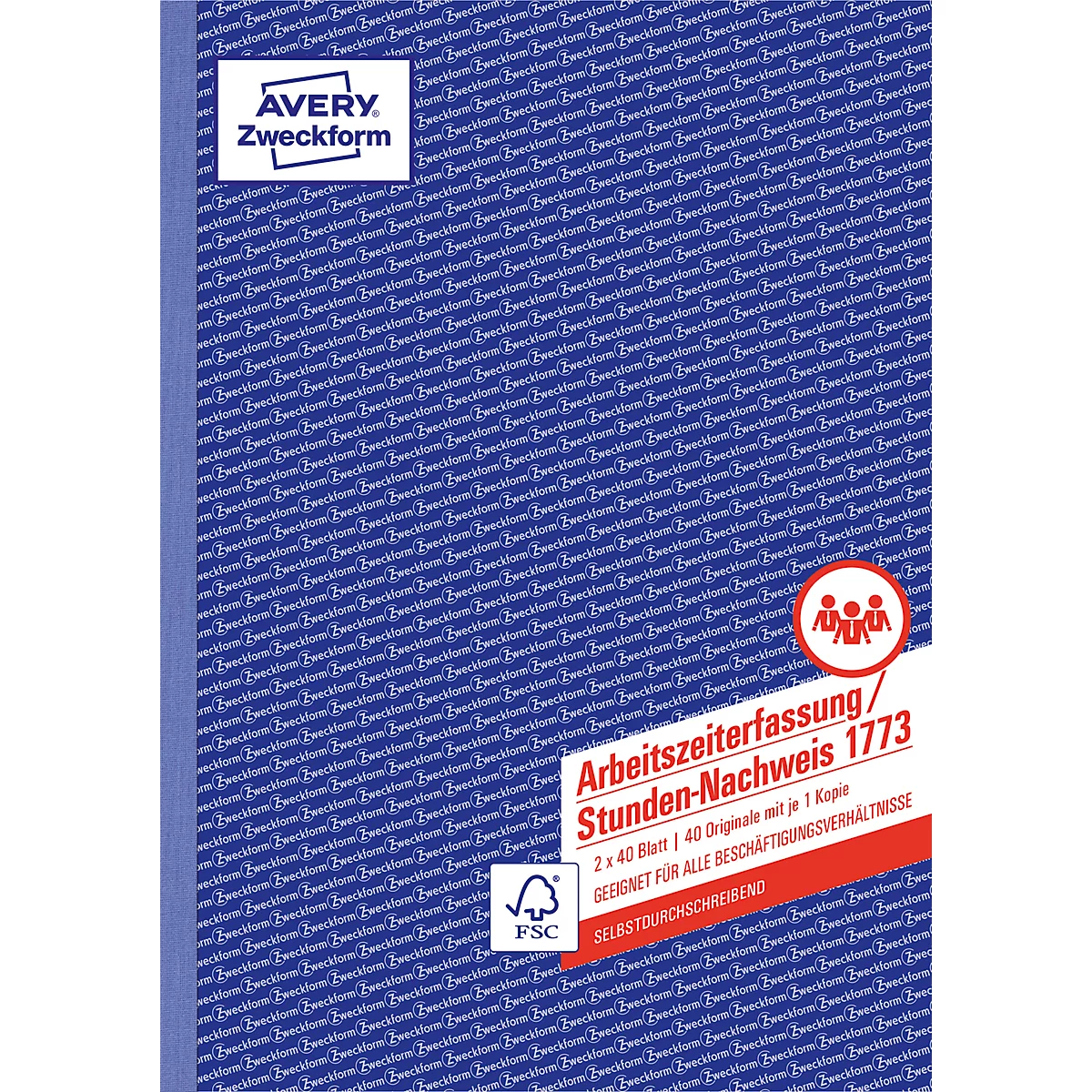 Blue notebook with text: Work time recording, Avery, Zweckform.