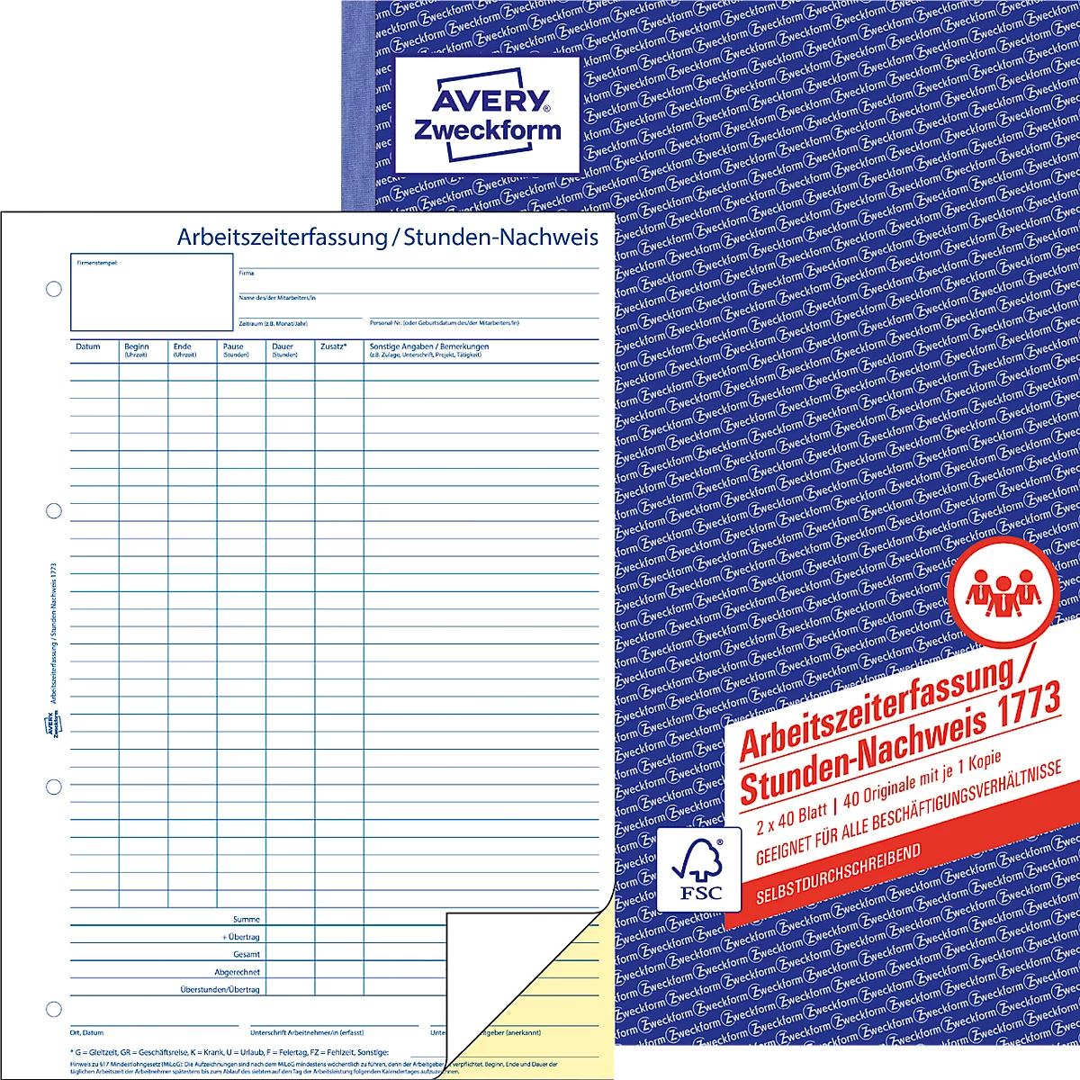 Avery Zweckform time record. Blue cover, white sheet with table, red lettering.