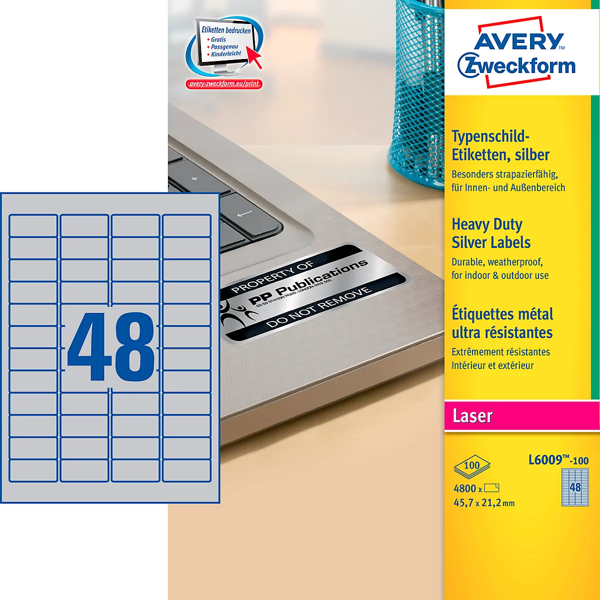 AVERY® Zweckform Typenschild-Etiketten L6009-100, 45,7 x 21,2 mm, 4800 Etiketten