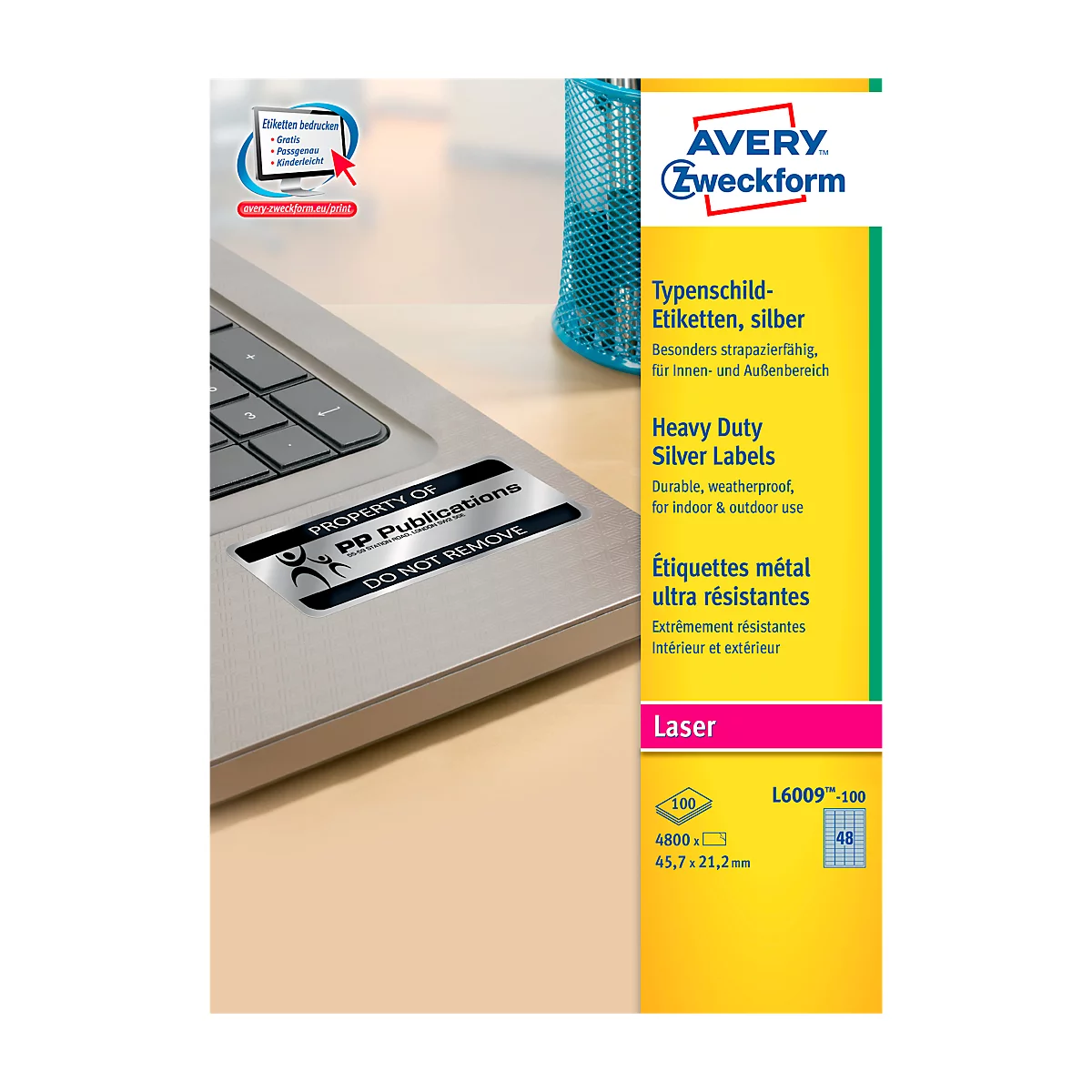 AVERY® Zweckform Typenschild-Etiketten L6009-100, 45,7 x 21,2 mm, 4800 Etiketten