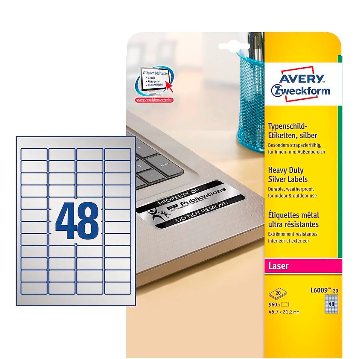 AVERY® Zweckform Typenschild-Etiketten L6009-20, 45,7x 21,2 mm, 960 Etiketten