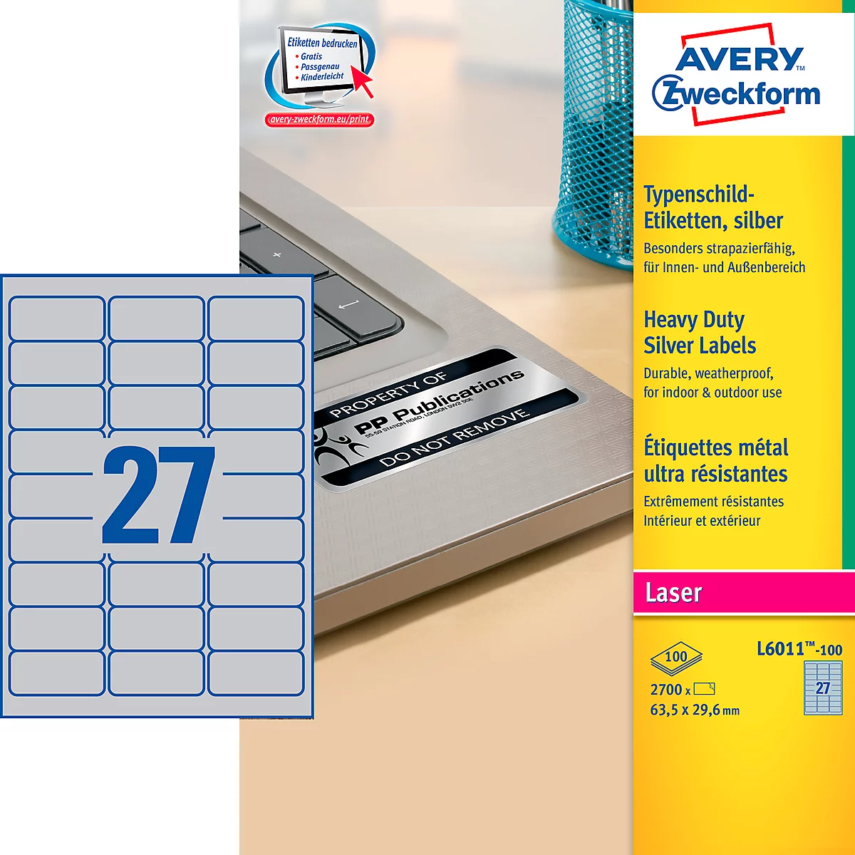 AVERY® Zweckform Typenschild-Etiketten L6011-100, 63,5 x 29,6 mm, 2700 Etiketten