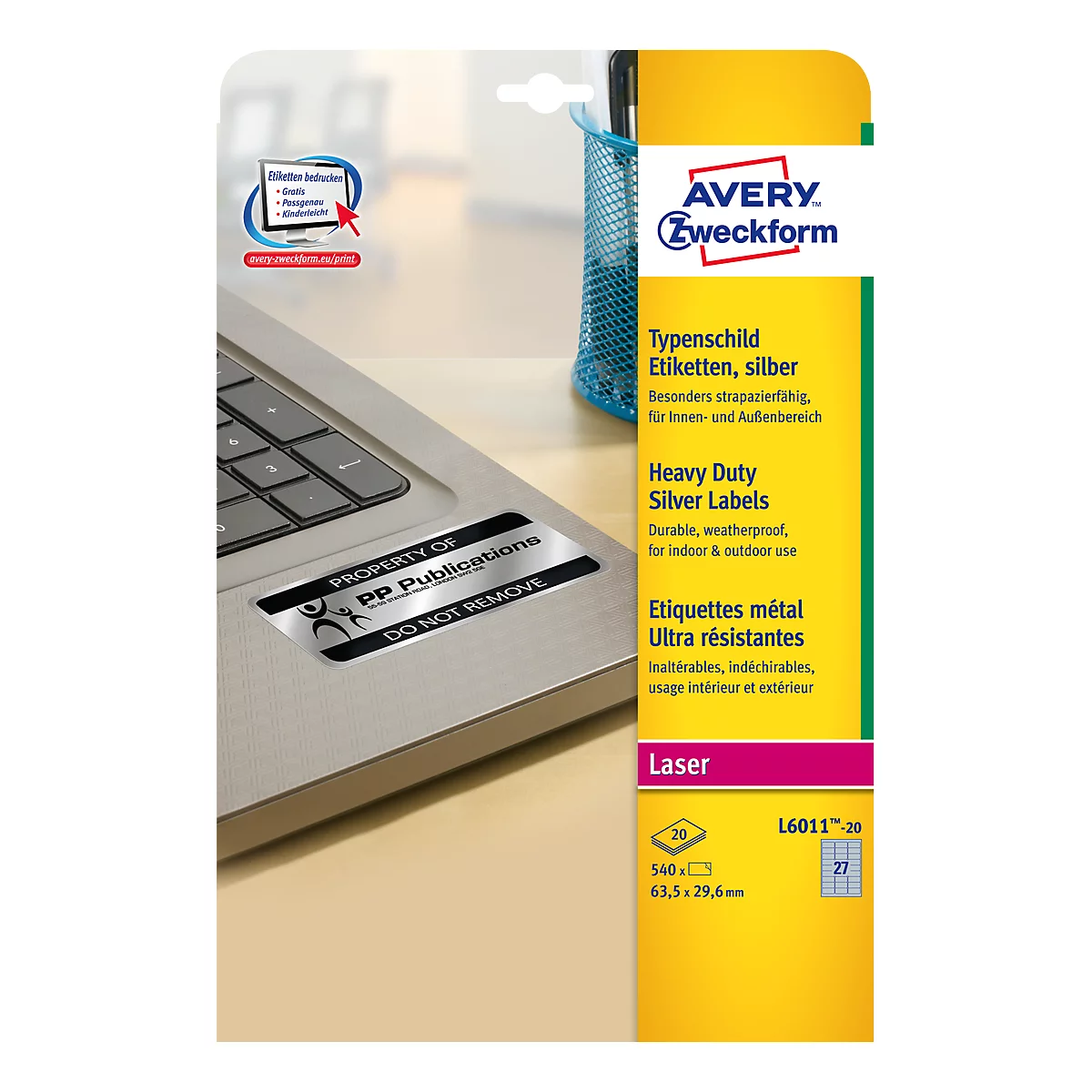 AVERY® Zweckform Typenschild-Etiketten L6011-20, 63,5 x 29,6 mm, 540 Etiketten