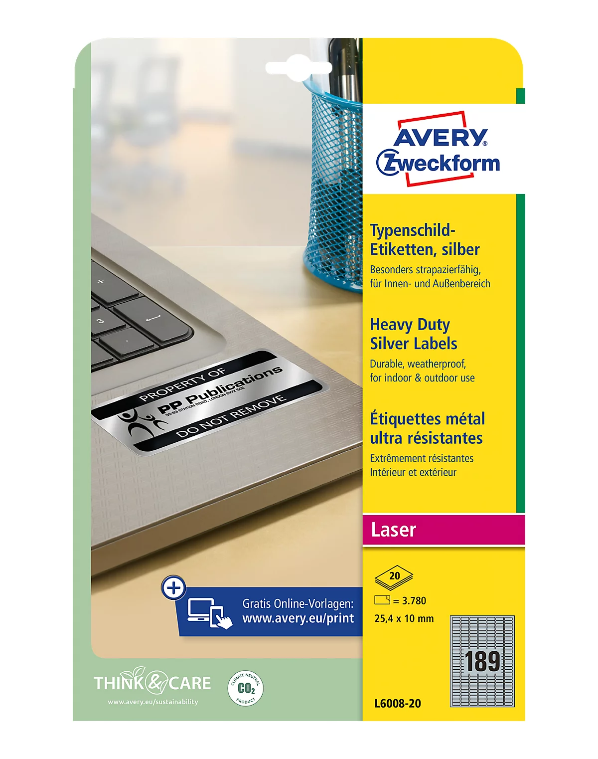 Avery Zweckform Typenschildetiketten L6008-20, extrem robust, geeignet für SW-Laserdrucker, 25,4 x 10 mm, 3780 Stück/20 A4-Bogen, Polyesterfolie, silber