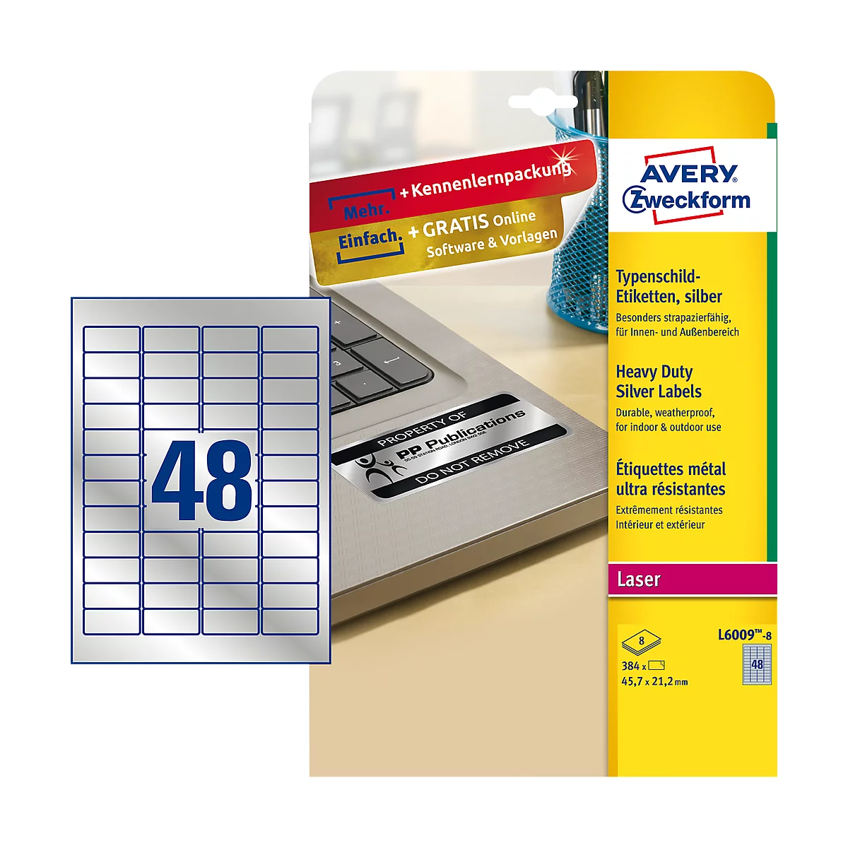 Avery Zweckform Typenschildetiketten L6009-8, extrem robust, geeignet für SW-Laserdrucker, 45,7 x 21,2 mm, 384 Stück/8 A4-Bogen, Polyesterfolie, silber