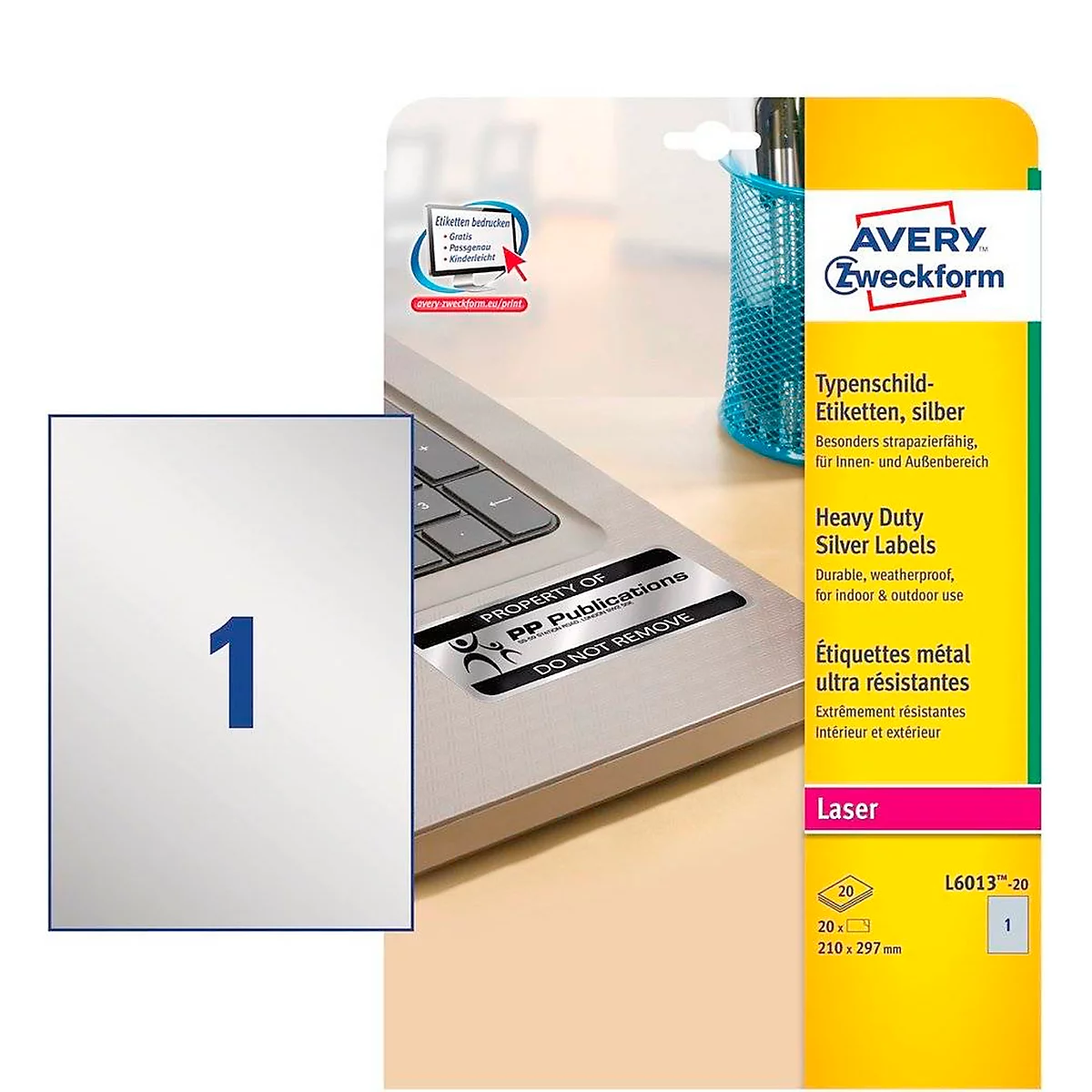 Avery Zweckform Typenschildetiketten L6013-20, extrem robust, geeignet für SW-Laserdrucker, 210 x 297 mm, 20 Stück/20 A4-Bogen, Polyesterfolie, silber