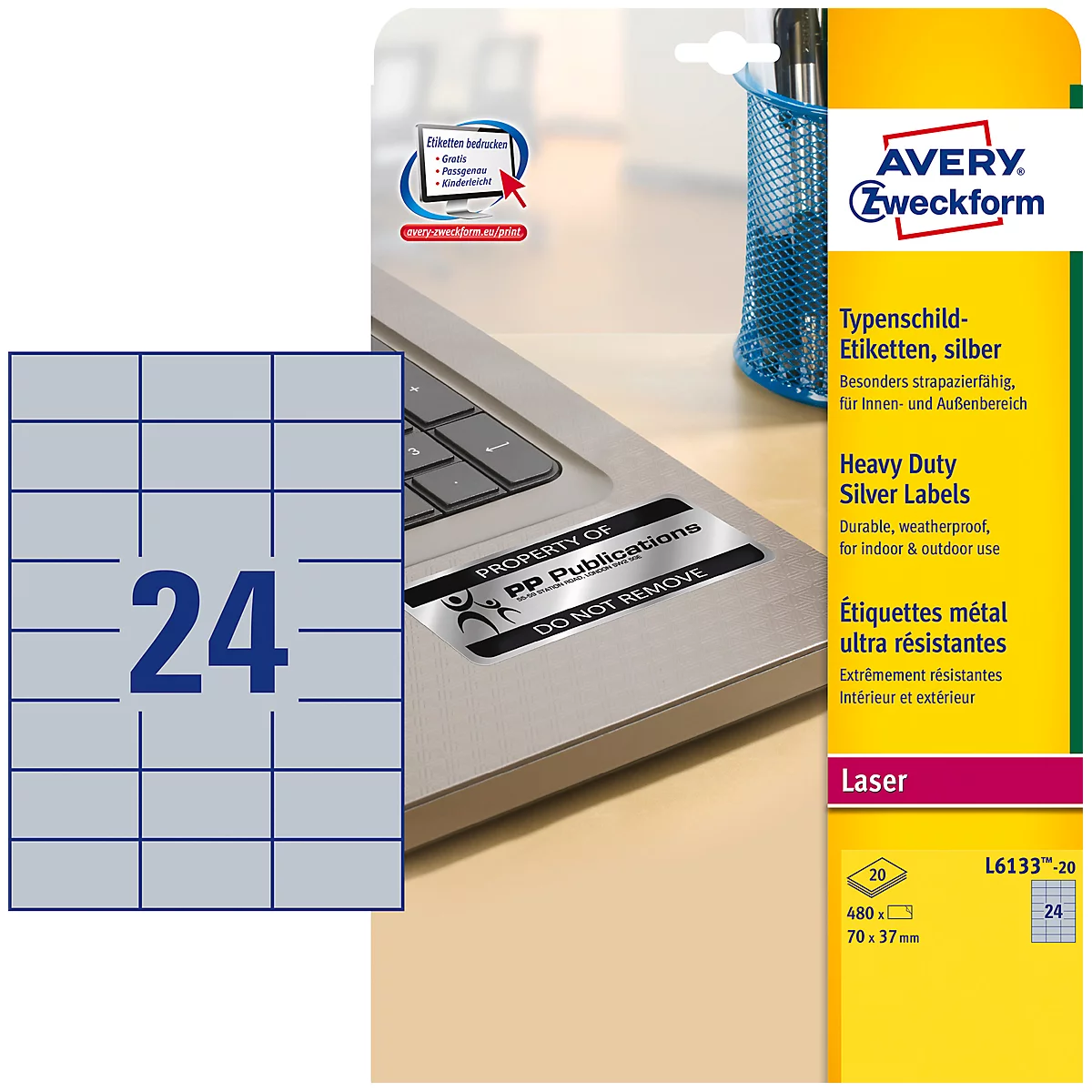 Avery Zweckform Typenschildetiketten L6133-20, extrem robust, geeignet für SW-Laserdrucker, 70 x 37 mm, 480 Stück/20 A4-Bogen, Polyesterfolie, silber