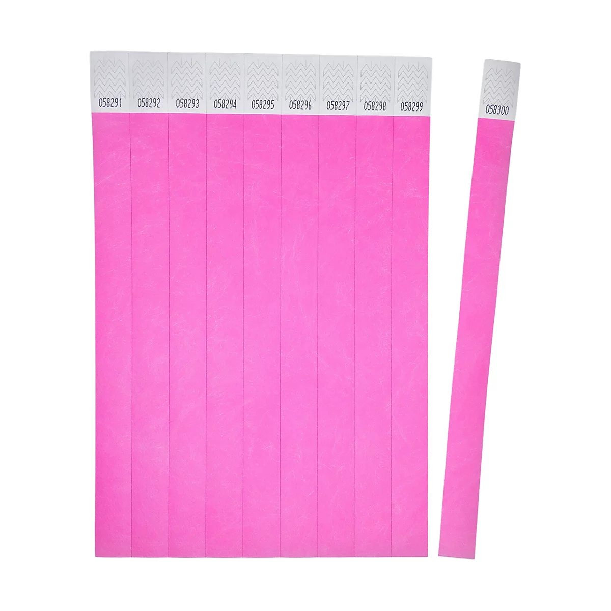 Une feuille de bracelets d'entrée Tyvek rose fluo avec numérotation séquentielle.