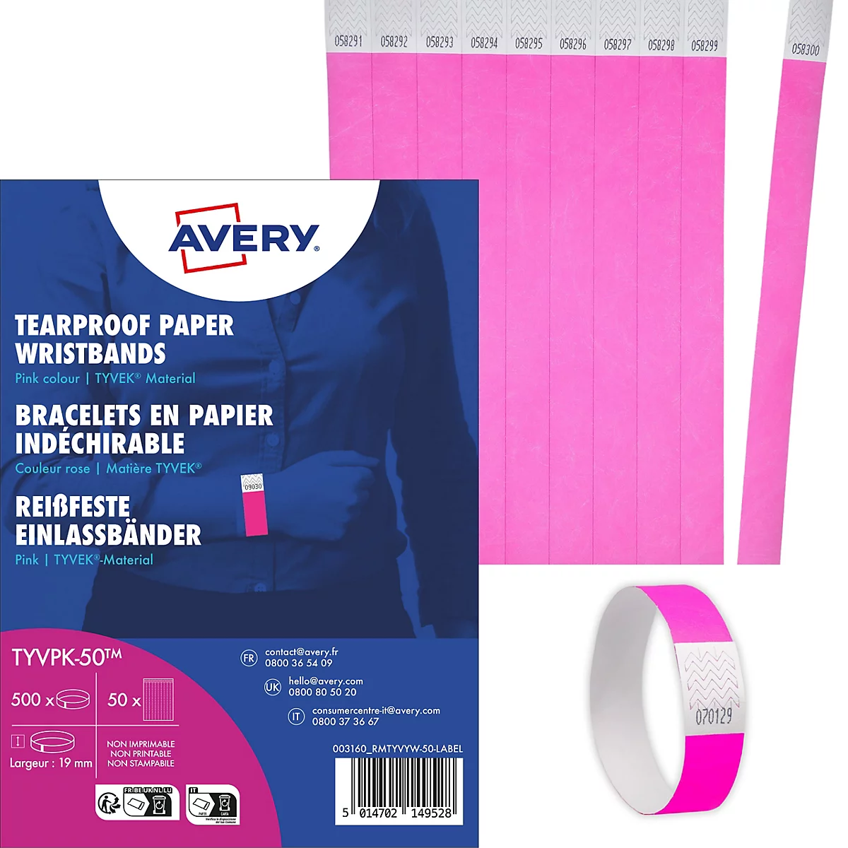 Produktverpackung für pinke, reißfeste Einlassbänder aus Tyvek von Avery mit Produktabbildung.