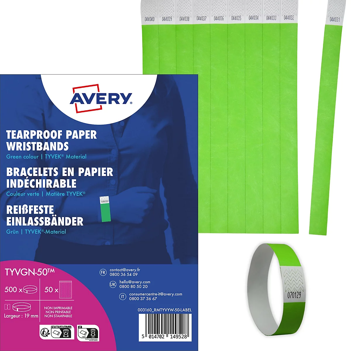 Produktverpackung und grüne, reißfeste Einlassbänder aus Tyvek von Avery.