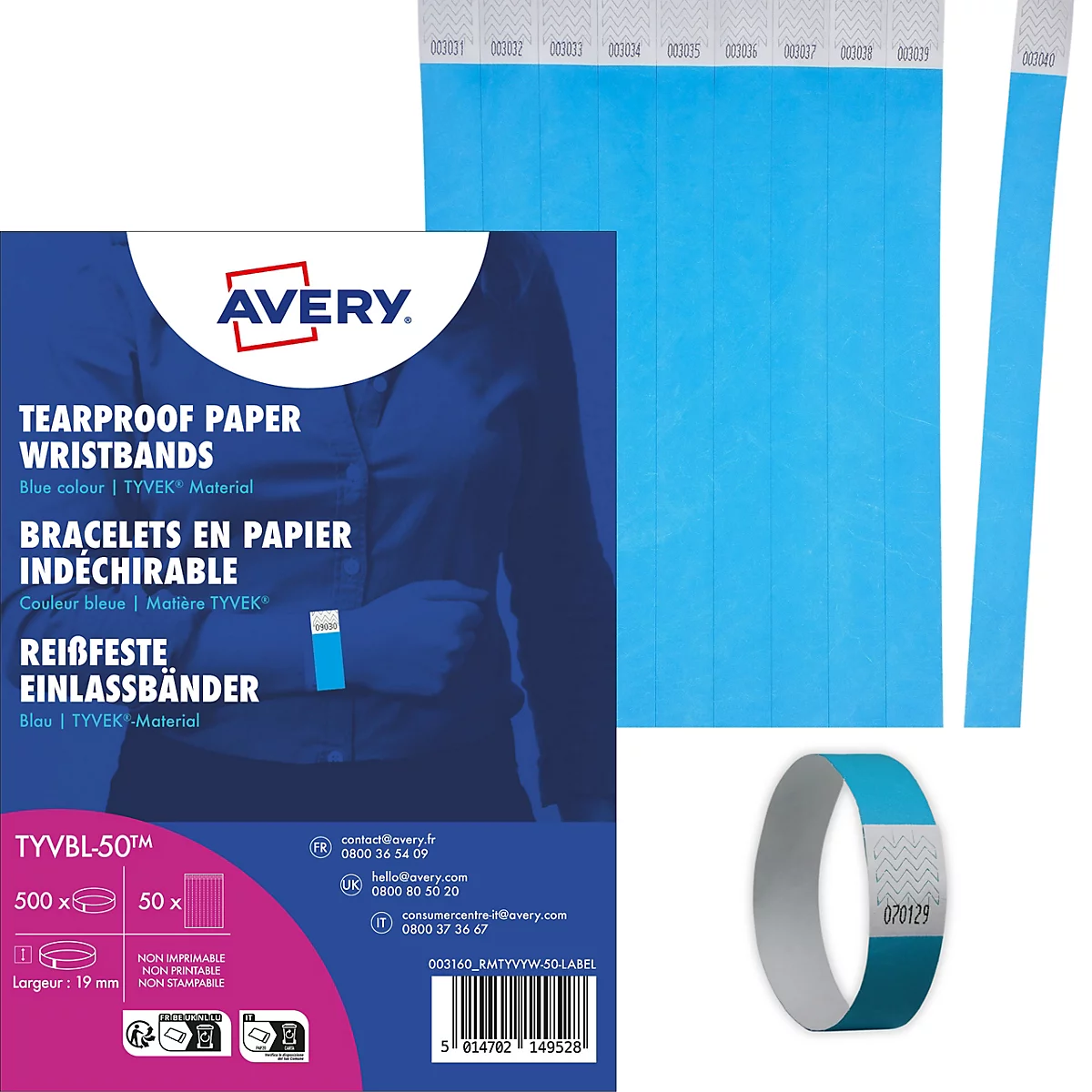 Avery Einlassbänder aus reißfestem blauem Tyvek-Material in einer Produktverpackung.