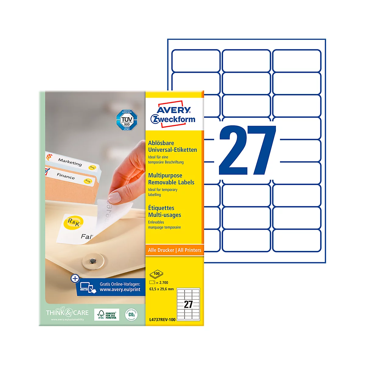 Avery Zweckform Universal-Etiketten, 2700 Etiketten, 63,5 x 29,6 mm