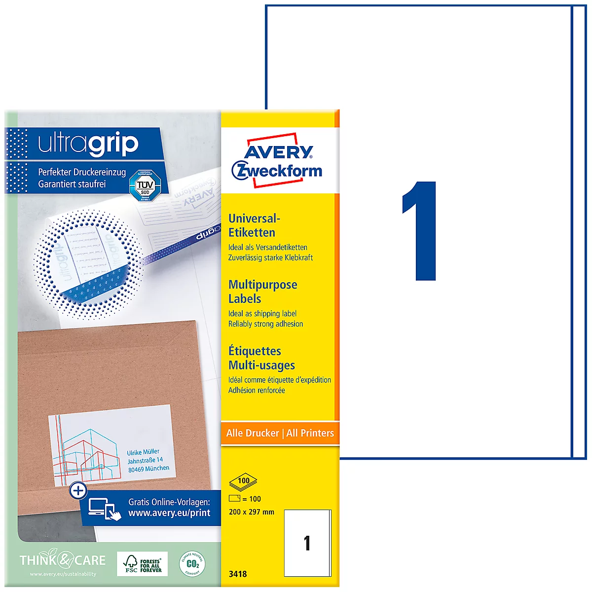 AVERY Zweckform Universal-Etiketten 3418, ultragrip, 200 x 297 mm, 100 Stück