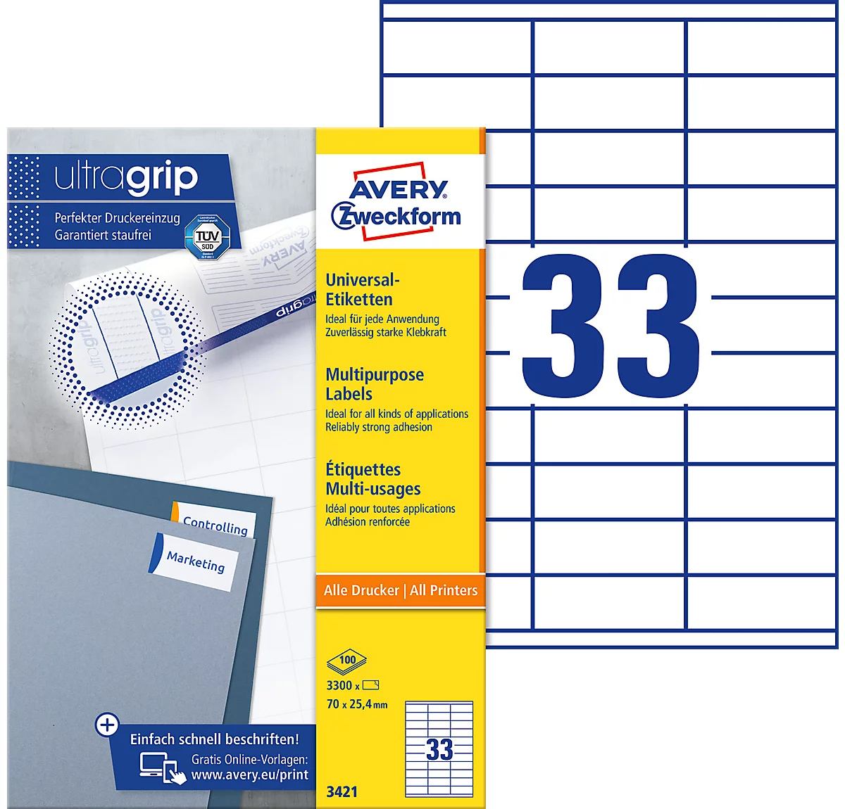 AVERY Zweckform Universal-Etiketten 3421, ultragrip, 70 x 25,4 mm, 3300 Stück