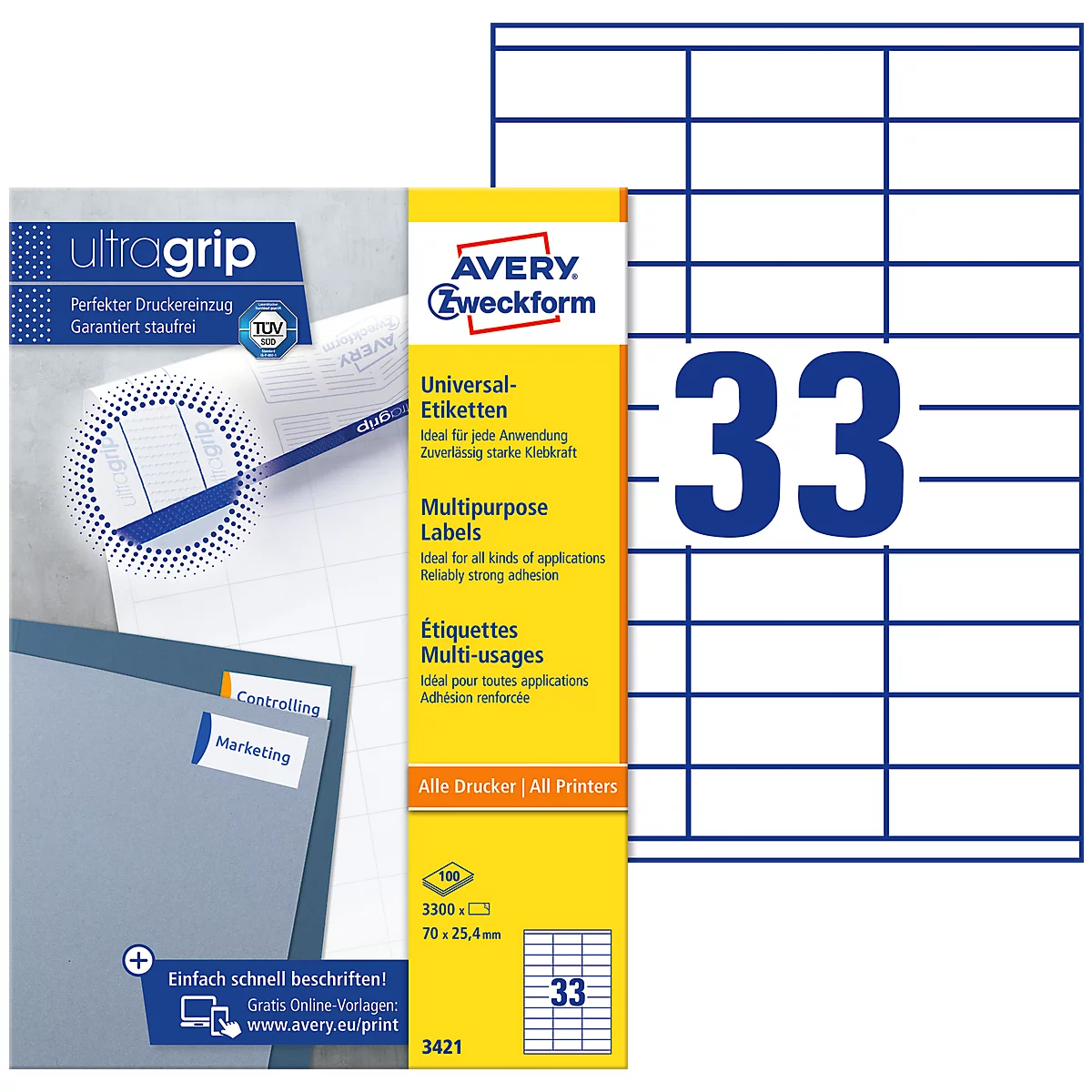 AVERY Zweckform Universal-Etiketten 3421, ultragrip, 70 x 25,4 mm, 3300 Stück