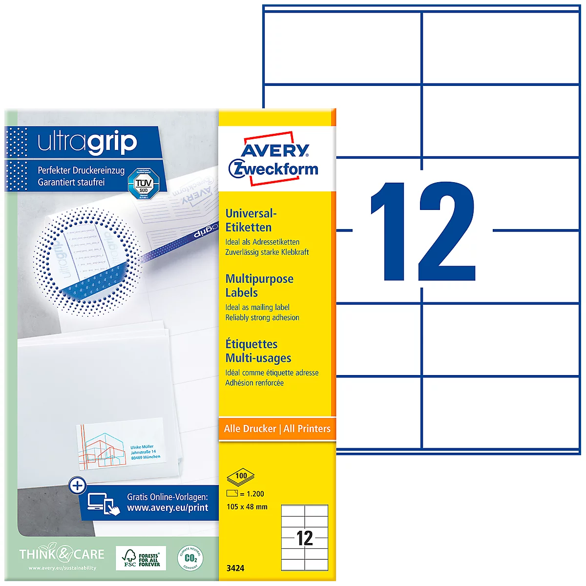 Avery Zweckform Universal Etiketten 3424, ultragrip, A4, matt, 1200 Etiketten