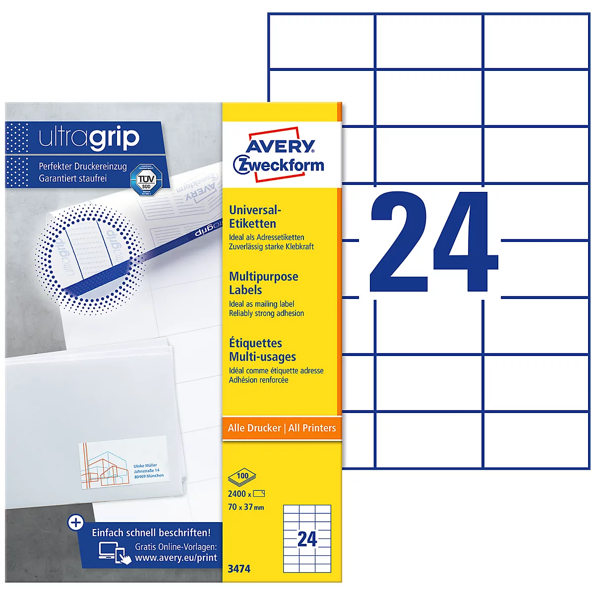 AVERY Zweckform Universal-Etiketten 3474, ultragrip, 70 x 37 mm, 2400 Stück