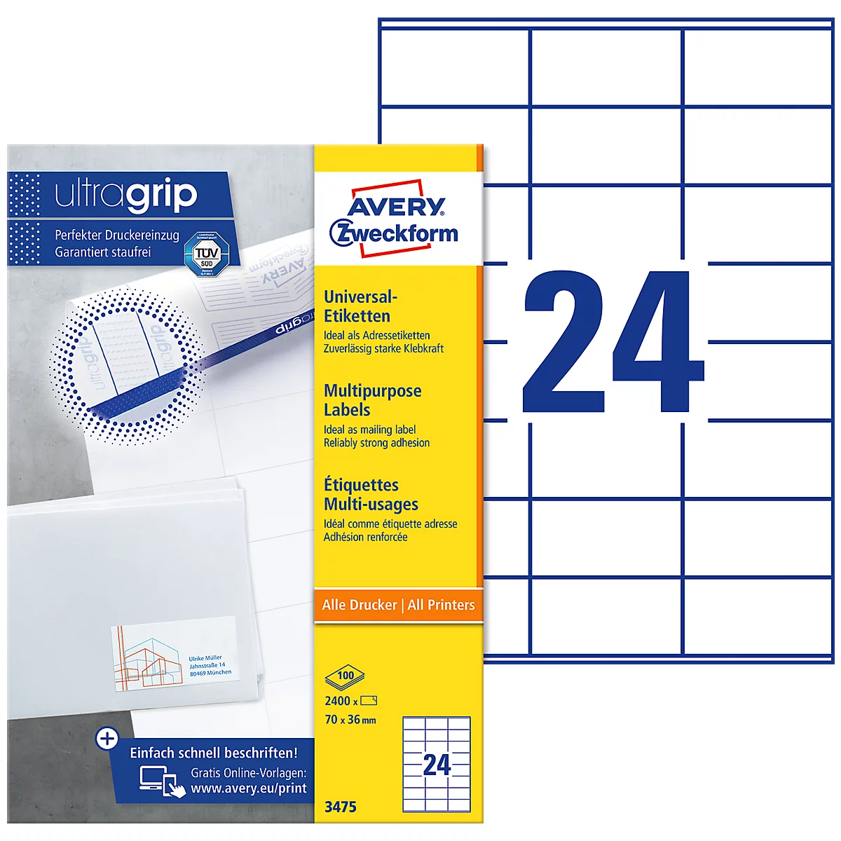 Avery Zweckform Universal Etiketten 3475, ultragrip, A4, matt, 2400 Etiketten