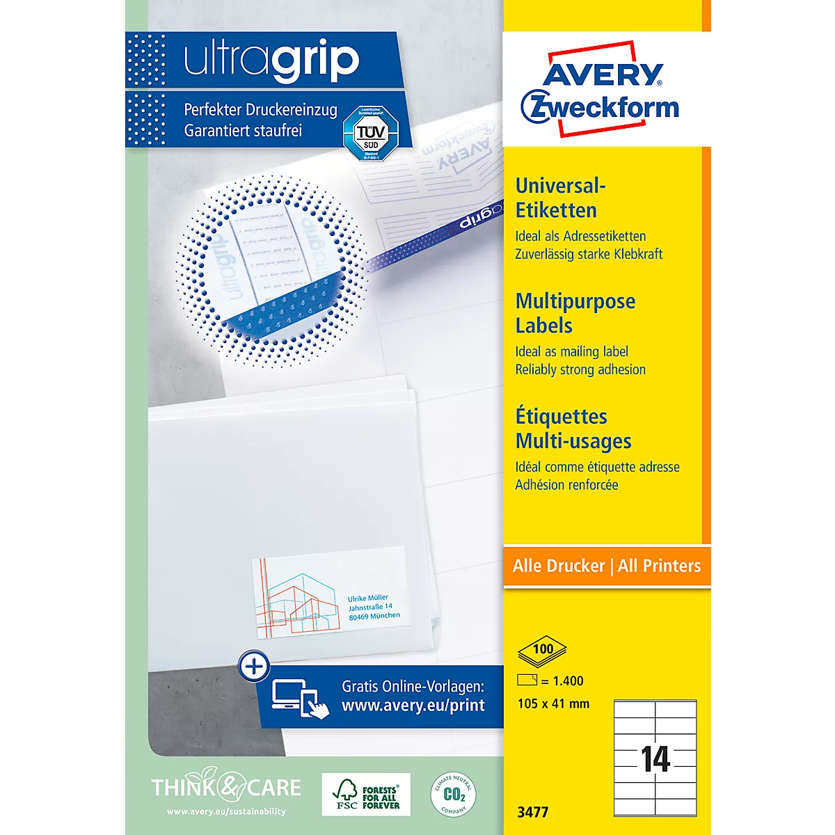 AVERY Zweckform Universal-Etiketten 3477, ultragrip, 105 x 41 mm, 1400 Stück