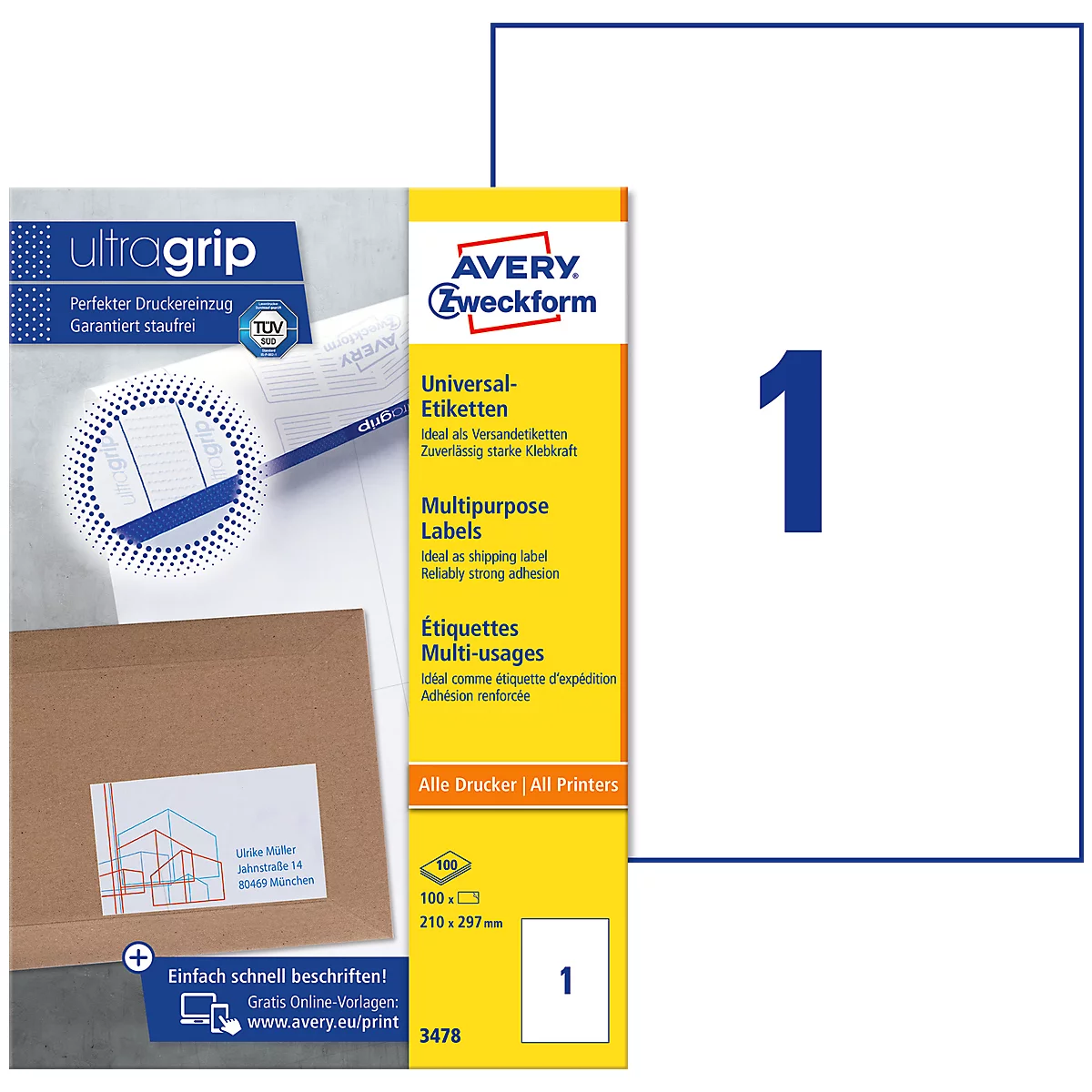 AVERY Zweckform Universal-Etiketten 3478, ultragrip, 210 x 297 mm, 100 Stück