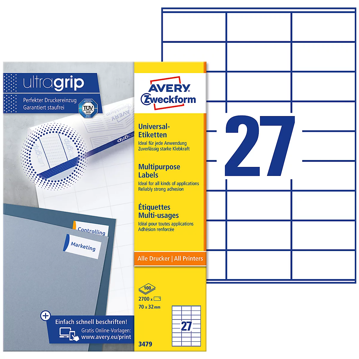 AVERY Zweckform Universal-Etiketten 3479, ultragrip, 70 x 32 mm, 2700 Stück