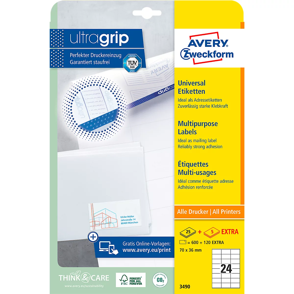 AVERY® Zweckform Universal-Etiketten 3490, ultragrip, 70 x 36 mm, 600 + 120 Stück