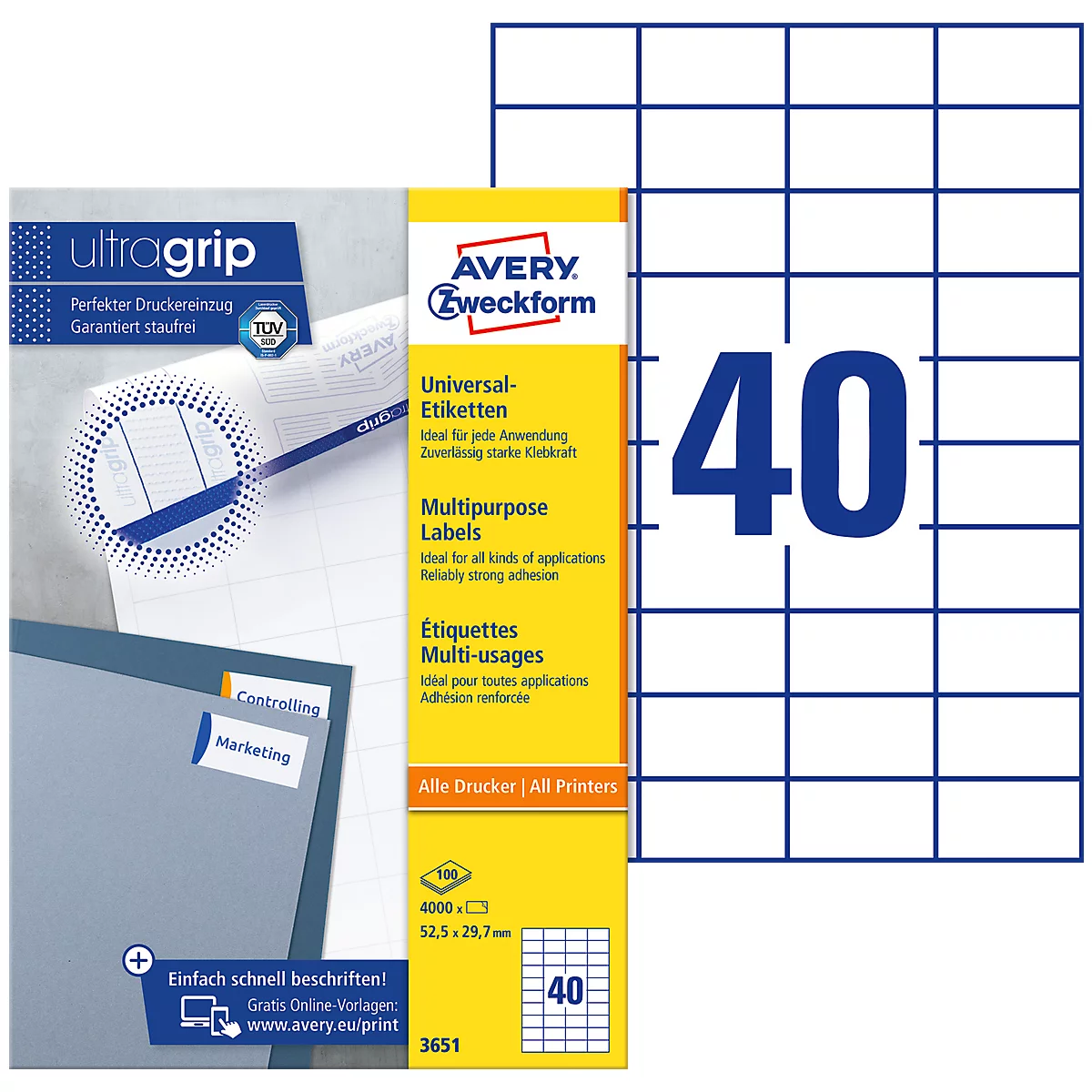 AVERY Zweckform Universal-Etiketten 3651, ultragrip, 52,5 x 29,7 mm, 4000 Stück