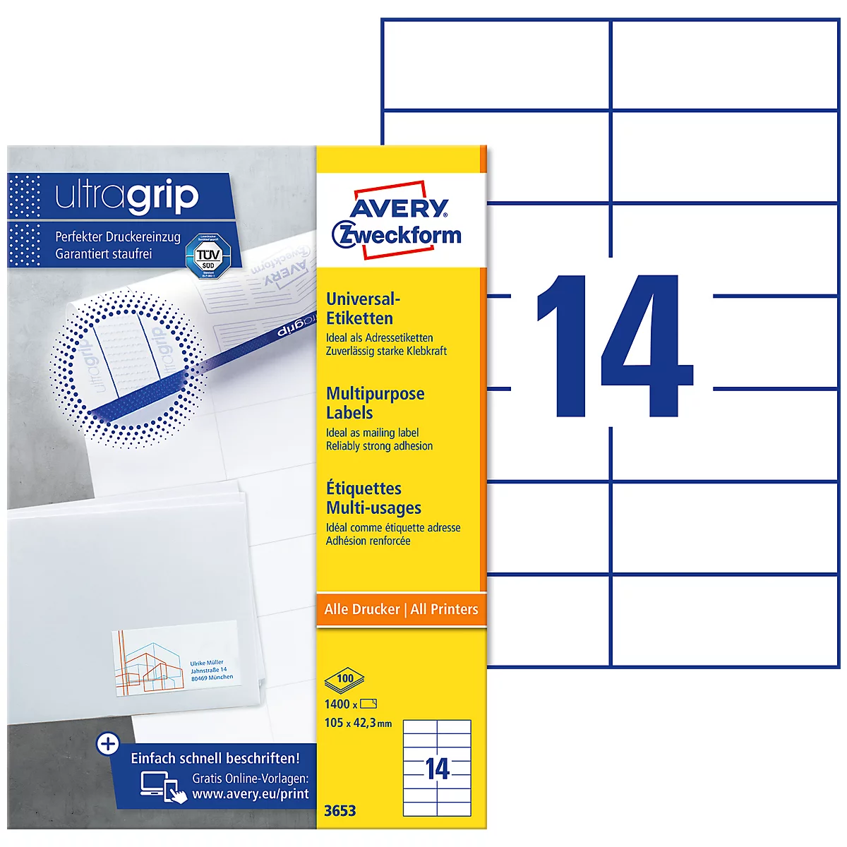 AVERY Zweckform Universal-Etiketten 3653, ultragrip, 105 x 42,3 mm, 1400 Stück