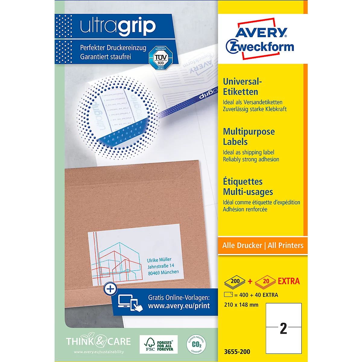 AVERY Zweckform Universal-Etiketten 3655-200, ultragrip, 210 x 148 mm, 400 + 40 Stück