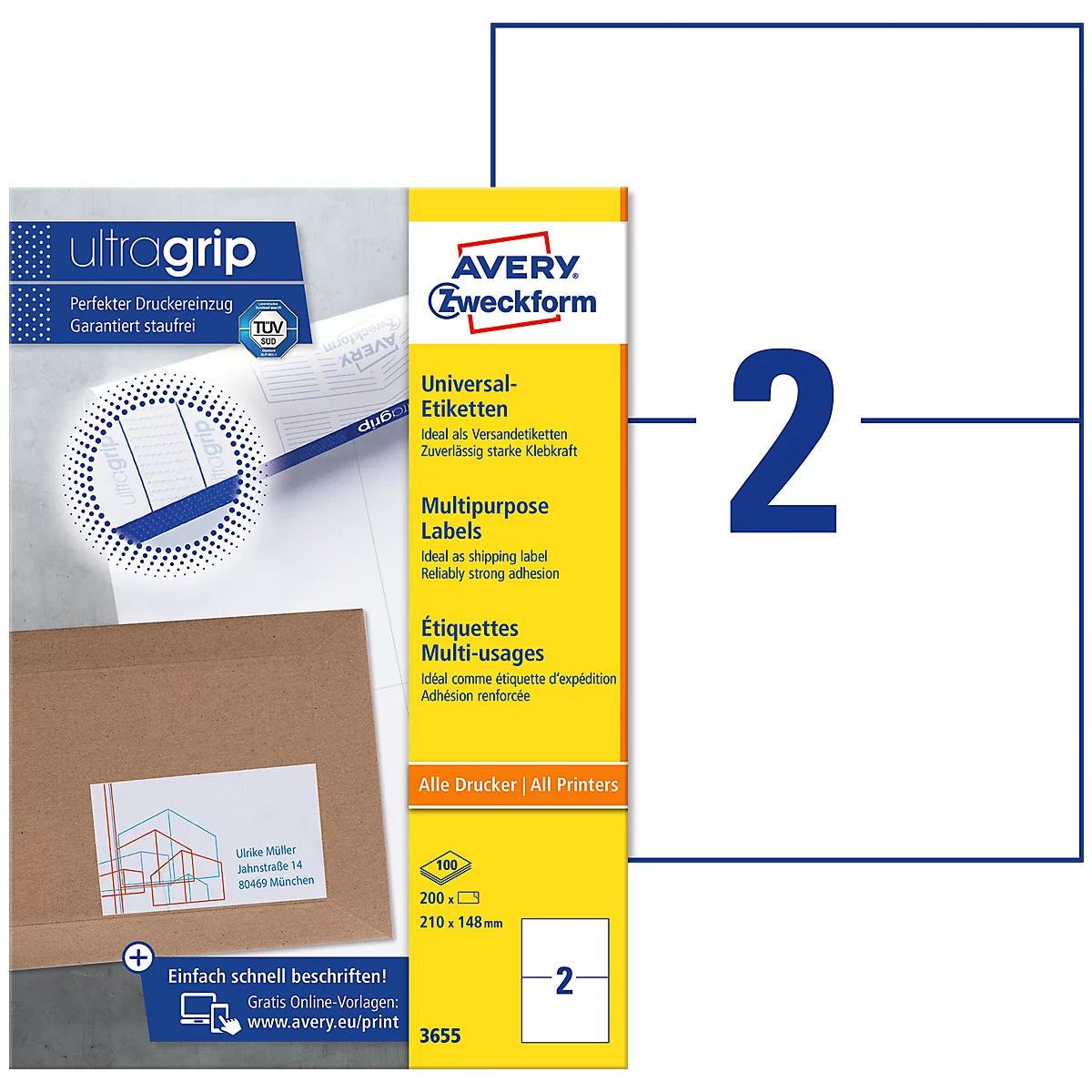 AVERY Zweckform Universal Etiketten 3655, ultragrip, A4, matt, 200 Etiketten